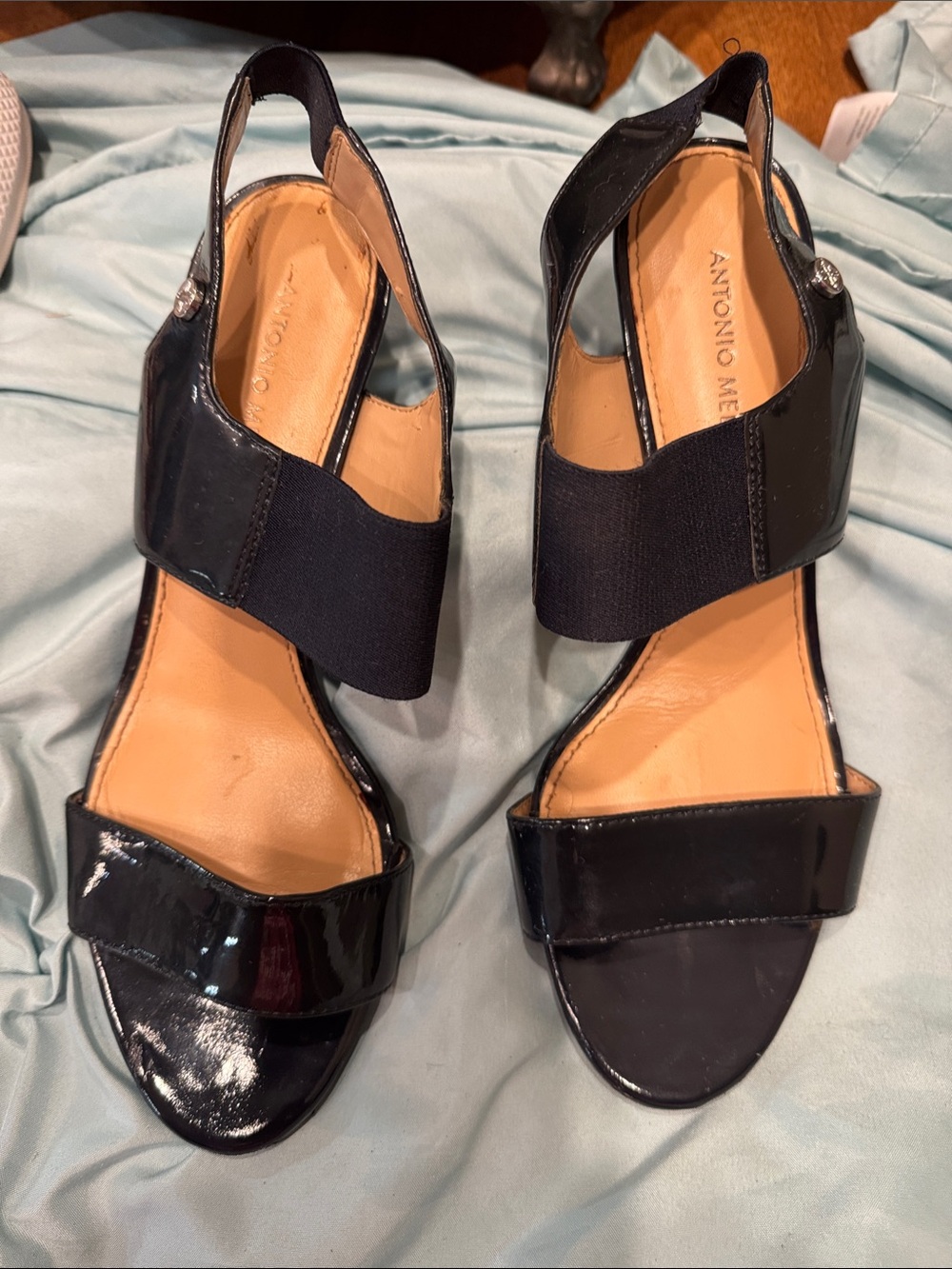 ANTONIO MELANI Navy Patent Slingback Sandals with Elastic Strap
